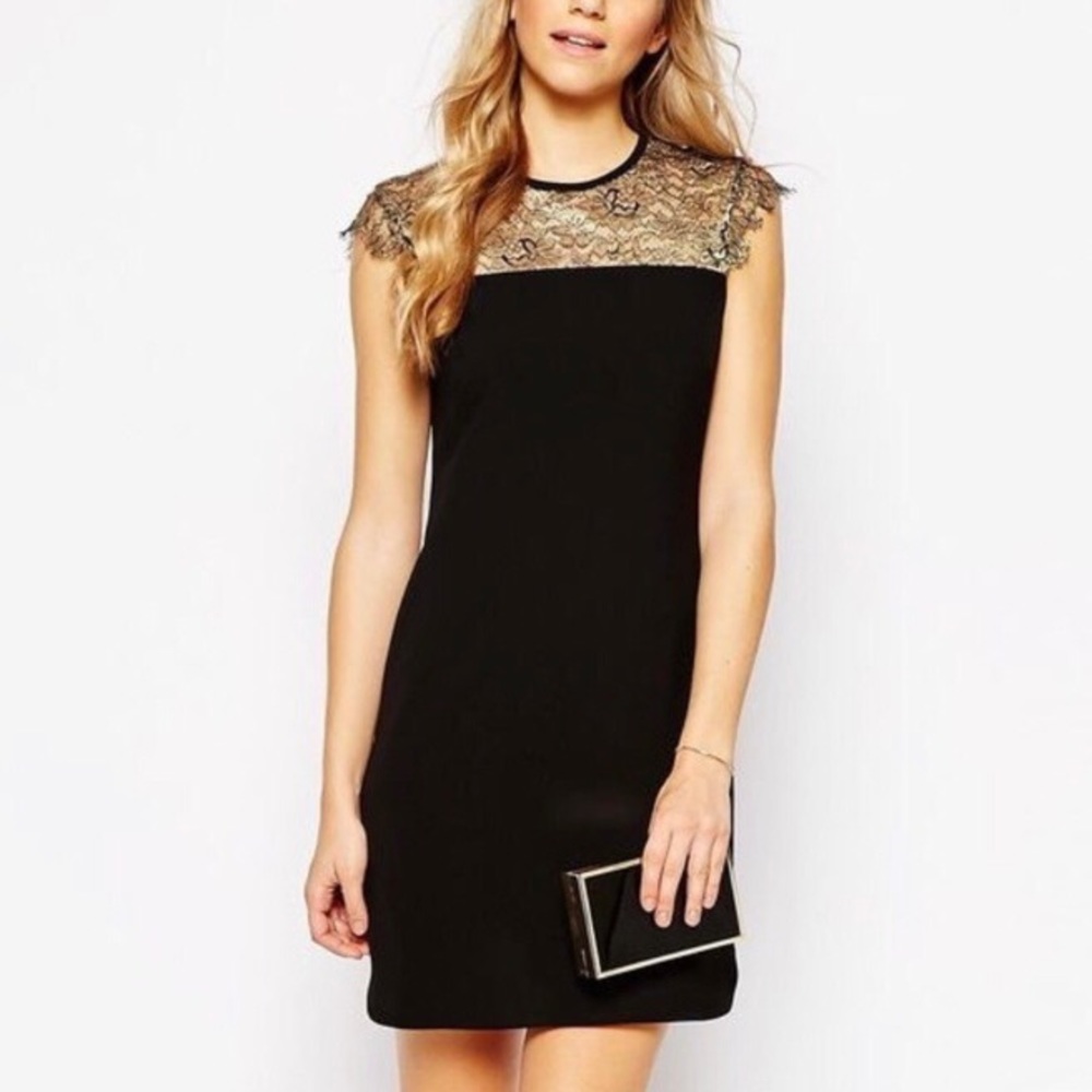 NWT Ted Baker Lorenne little black dress with golden lace trim